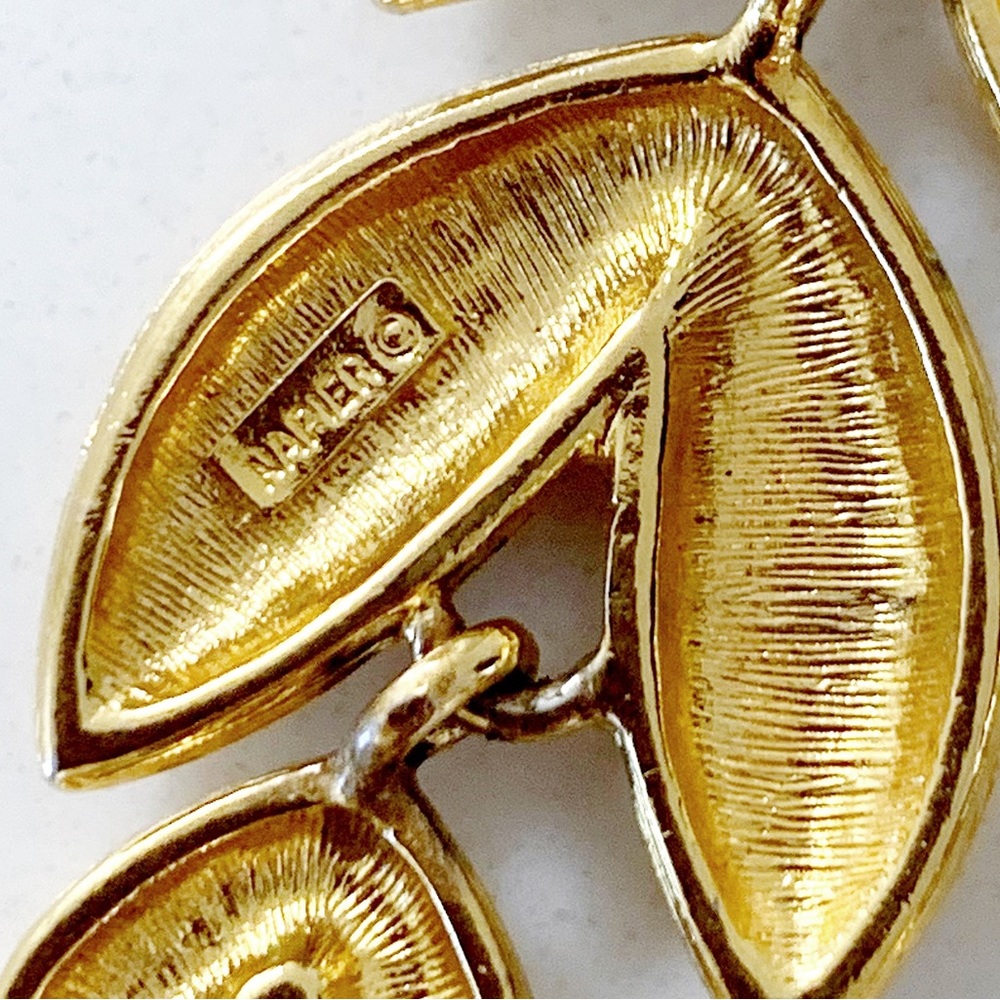 Napier Vintage Faux Pearl Gold-Tone Frosted Leaves Triple Drop Earrings - Picture 6 of 7